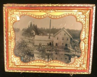 1/4 Plate Busy Lumber Mill Workers Logging Occupational C.  1860s Tintype Photo