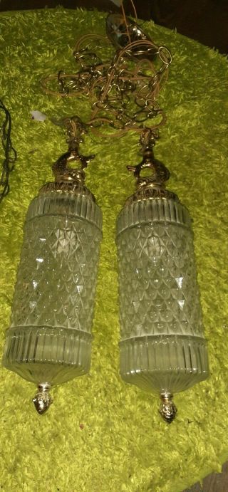 Vtg Pair Mid Century Hollywood Regency Hanging Glass Swag Lamps Light Gold Fish