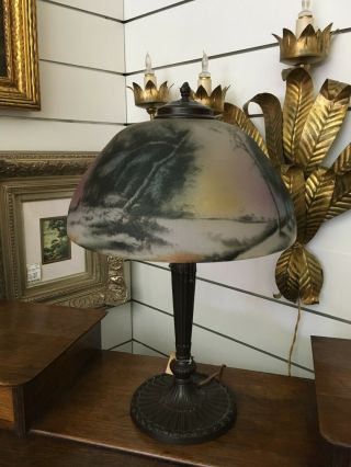 Antique Pittsburgh Reverse - Painted Winter Scene Table Lamp