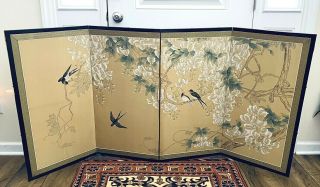 Vintage Japanese 4 Panel Folding Screen 35” X 69.  5” Birds And Cherry Blossom