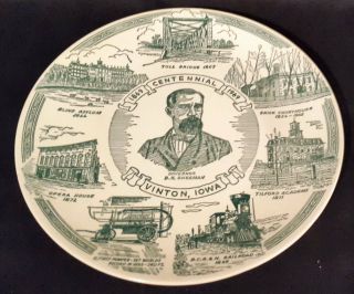 Vtg Vinton Iowa Centennial Collectible Dinner Plate 1869 - 1969 Green Pictorial
