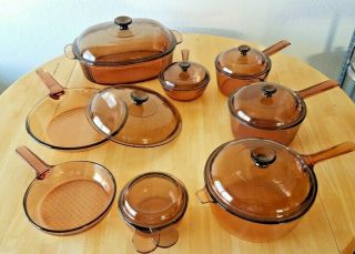Vintage Visions Corning Ware 15 - Piece Amber Glass Cookware Sauce Pans & Skillets