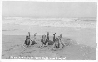 Rppc Mermaids At North Beach Ocean Park,  Wa Vintage Bathing Suits 1910s Postcard