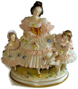Volkstedt Large Mother With Two Girls & Frolicking Lamb Dresden Lace Figurine