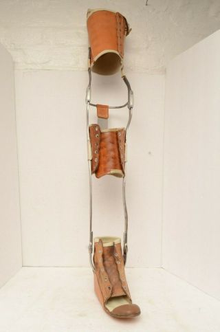 Antique Metal Leg Brace Leather Polio Steampunk Medical victorian high heel VTG 3
