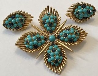 Vintage Crown Trifari Signed Turquoise & Blue Rhinestone Brooch & Earrings