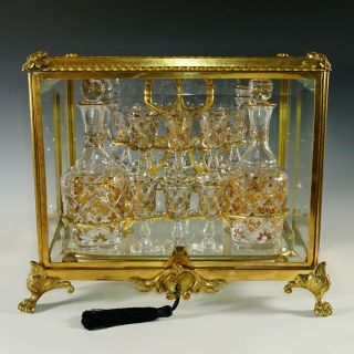 Antique French Gilt Bronze Tantalus Cabinet Caddy Box,  Cut Crystal Liquor Set