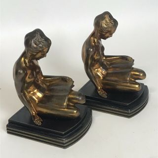 Vintage Art Deco Nude Ladies Bronze Sculptured Bookends By 1937 Art Metal