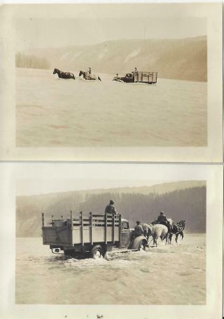 Old Truck Being Pulled By Horses Across A River Vintage Photographs