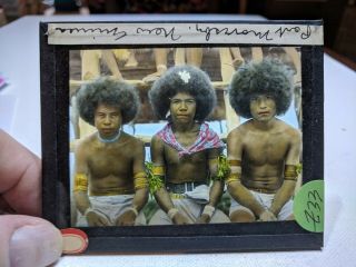 Historic Colored Glass Magic Lantern Slide Eez Port Moresby Men With Afros Tribe