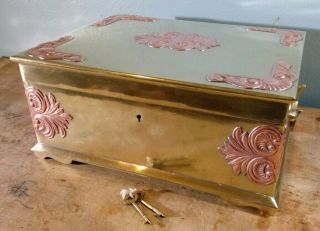 Large Vtg Antique Solid Brass Jewelry Box Lock W/keys Made India Marked/numbered