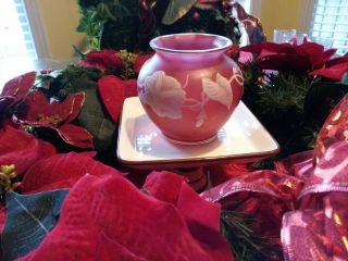 Vintage Ruby Red " Cameo " Glass Vase With Etched Vines And Flowers
