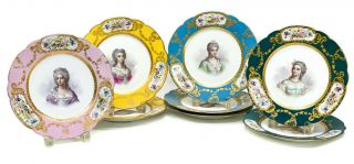 8 Sevres France Porcelain Hand Painted Cabinet Plates Of Beauties,  19th Century