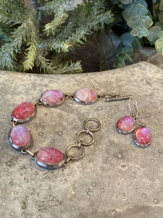 Vintage Pink Moonstone Sterling Silver 925 Link Bracelet & Earring Set Rare