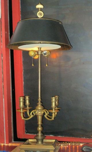 Vintage Chapman Bouillotte Four Arm Solid Brass Lamp 34 " Ht Adjustable Tole Shade
