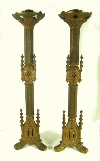 19th Century 18 " Brass Gothic Church Altar Candlesticks Estate Find