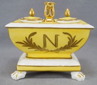 Antique French Sevres Style Napoleon Monogram & Bee Yellow Empire Style Inkwell
