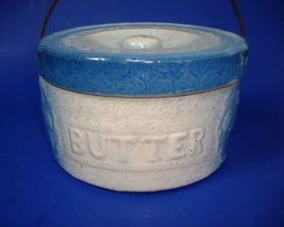 Wow Spcl A Gray & Blue Stoneware Butter Crock W Lid & Wood Handle