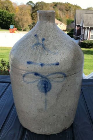 Large Antique Crock/jug One Handle,  Salt Glaze,  Cobalt Bee Sting Design