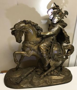 c.  Antique Warrior on Horseback,  21”L 21”H 8”D & 27 Lbs.  gold Finish Metal Statue 2