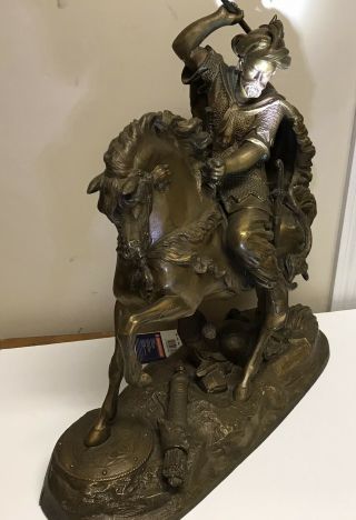 c.  Antique Warrior on Horseback,  21”L 21”H 8”D & 27 Lbs.  gold Finish Metal Statue 3