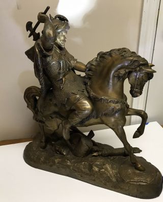 c.  Antique Warrior on Horseback,  21”L 21”H 8”D & 27 Lbs.  gold Finish Metal Statue 4