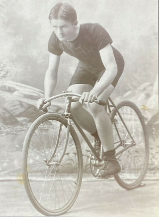 Young Man Racing Bicycle Bike Dolgeville York Antique Cabinet Photo