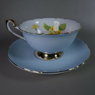 Rare Shelley England Fine Bone China Teacup Saucer Blue Gold Trim Flowers Inside