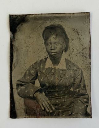 Lightly Tinted Tintype Of African - American Woman In Patterned Dress C.  1870s