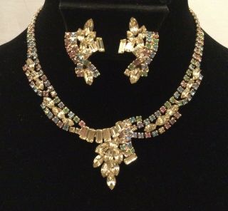 Gorgeous Vintage Hattie Carnegie Multi - Color Rhinestone Necklace & Earrings Set