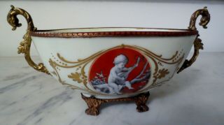Antique Hand Painted French Porcelain In Gilt Bronze Centerpiece/ Bowl - Gold Trim