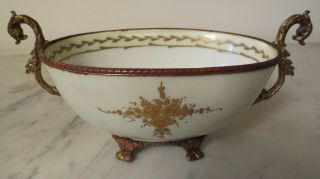 Antique Hand Painted French Porcelain in Gilt Bronze Centerpiece/ Bowl - Gold trim 2