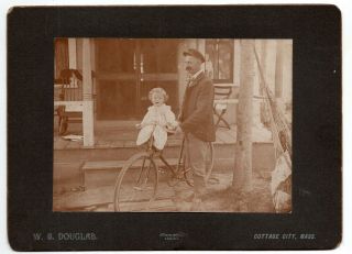 1900 Cabinet Photo Man On Bicycle With Baby,  Cottage City,  Martha 