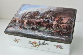 Large 19th C.  1805 Battle Of Trafalgar,  English Enameled Box