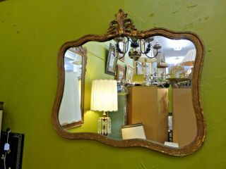Vintage French Provincial Style Dark Gold Gilt Wall Mirrror Curved Floral Frame