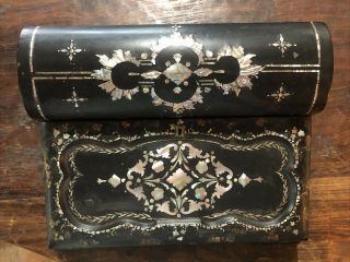 Antique 19th Century Hand - Painted Victorian Lacquer & Mother Of Pearl Lap Desk