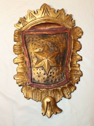 Antique Hand Carved Italian Gold Gilt Wood Wall Sculpture Plaque Coat Of Arms