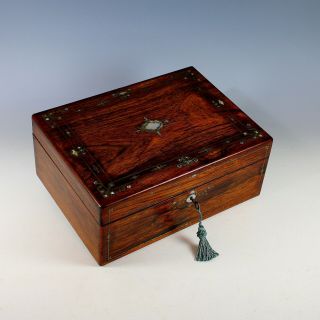 19th Century Inlaid Wood And Mother Of Pearl Dresser Box With Key