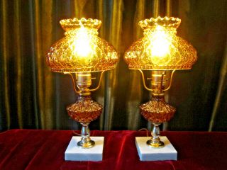 Vintage Amber Diamond Quilted Glass Lamp Pair Marble Base Italy Mcm
