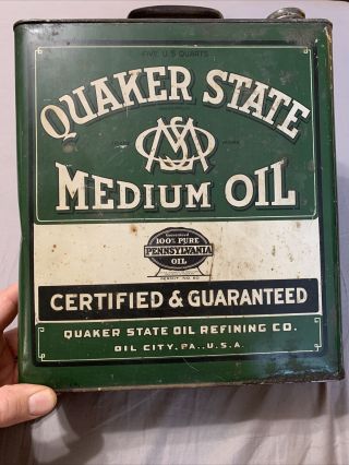 Vintage Quaker State 5 Quart Tall Slim Medium Oil Can