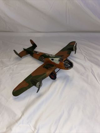 Vintage Marx Tin Litho Army Military Plane Airplane Toy Wind Up With Key Camo