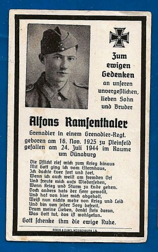 Germany Ww2 German Wehrmacht Soldier Death Card Alfons Ramsenthaler 1944