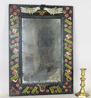 Rare 19th C Pennsylvania German Folk Art Painted Mirror With Lovebirds & Tulips