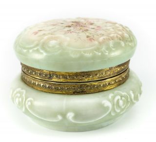Wave Crest Satin Glass Jewelry Box W/ Gilt Bronze Hinge,  Hand Painted Floral