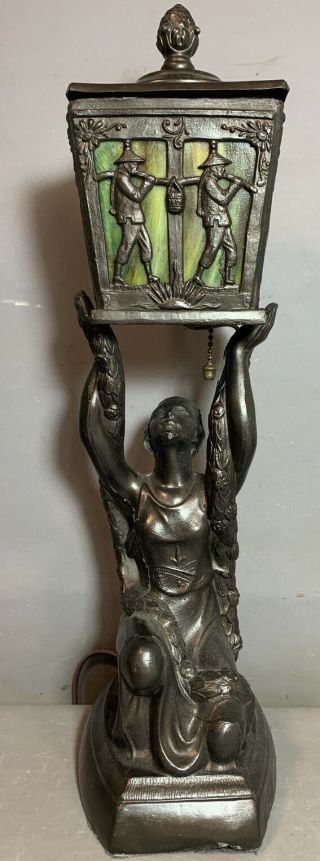 Antique Art Deco Era Lady Statue Figural Slag Glass Orientalist Boudoir Lamp