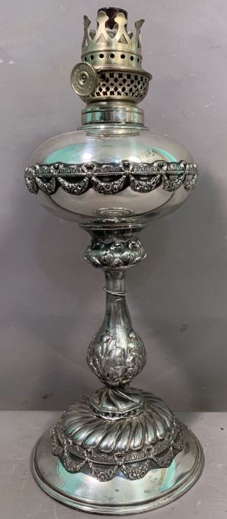 Ca.  1910 Antique Plume & Atwood Old Silver Plate Boudoir Electrified Oil Lamp