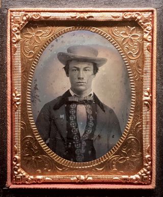 Rare 1/9 Plate Ambrotype - Smartly Dressed Handsome Dude W/ Patriotic Flag Pin