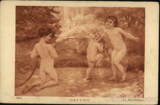 Children Nude Kids Playing In The Water Hose Braun & Co.  Postcard Vintage