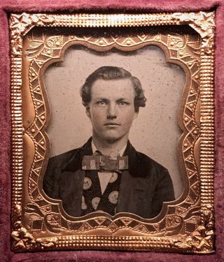1/16 Plate Tinted Ambrotype - Snazzy Gent W/ Fancy Bow Tie - In Book Style Case