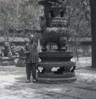 1900s Historic China Summer Palace Statue W/man Glass Photo Camera Negative Bb